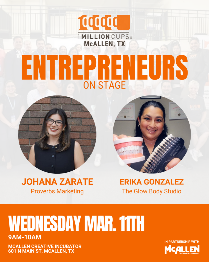 Entrepreneurs on Stage March 2026 Flyer featuring Proverbs Marketing and The Glow Body Studio. In partnership with the McAllen Chamber of Commerce