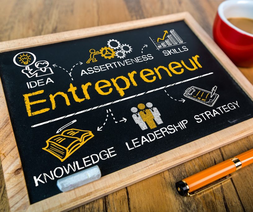 entrepreneur concept with business elements drawn on blackboard
